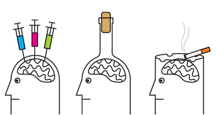 Cartoon illustration of three people. One has needles stuck in its head. The second has it’s head shaped like a wine bottle. The third’s head is in the shape of an cigarette ash tray and has a cigarette sitting on it.